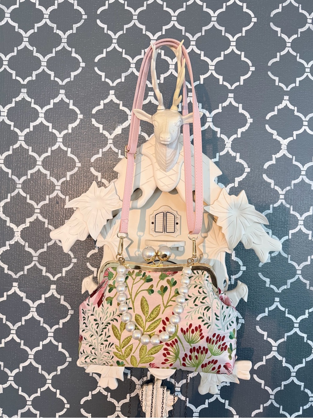 Floral Embroidered Pink Handbag with Pearl Chain